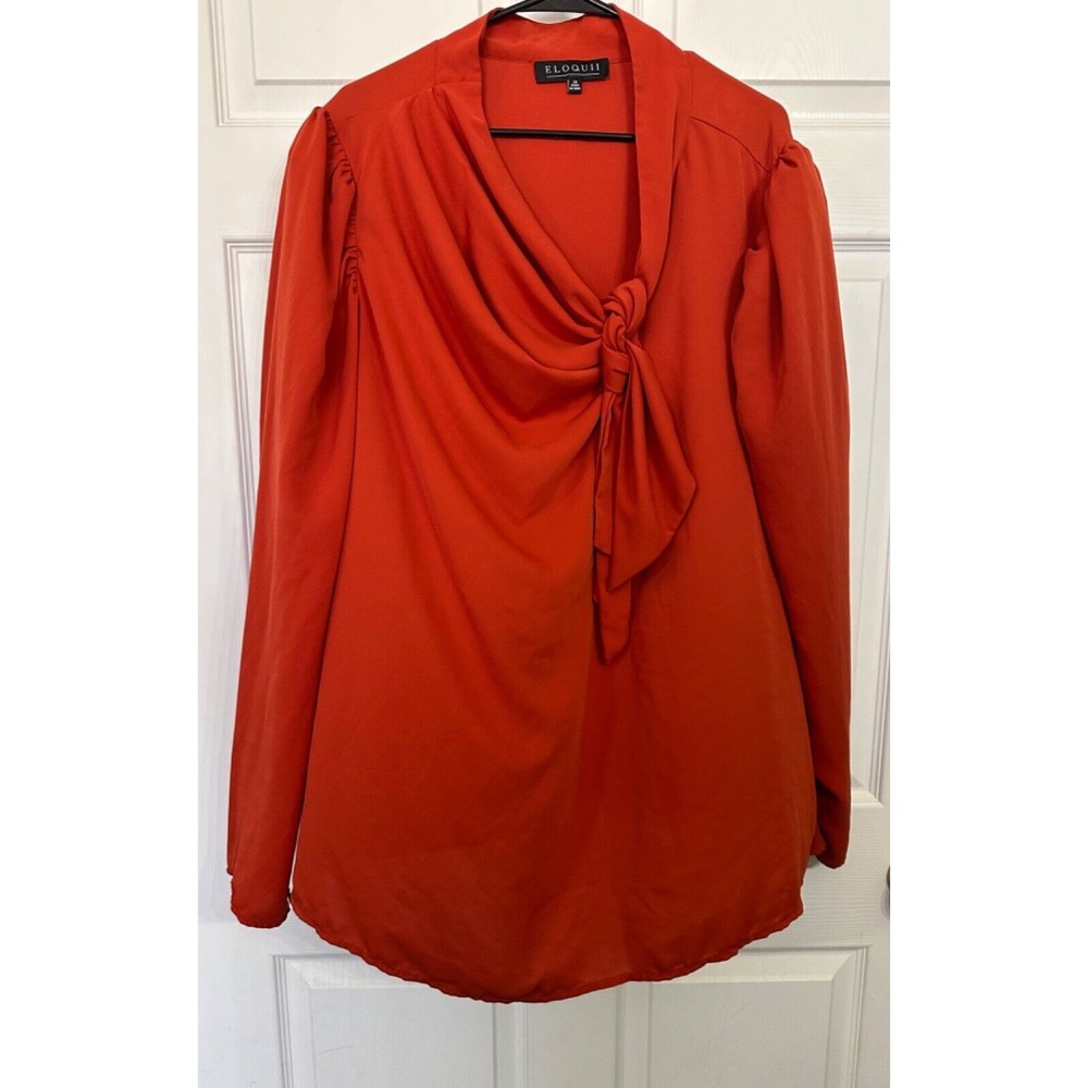 Eloquii Size 28 Orange Chiffon Tie‎ Neck Drape Cowl Puffed Sleeve Blouse